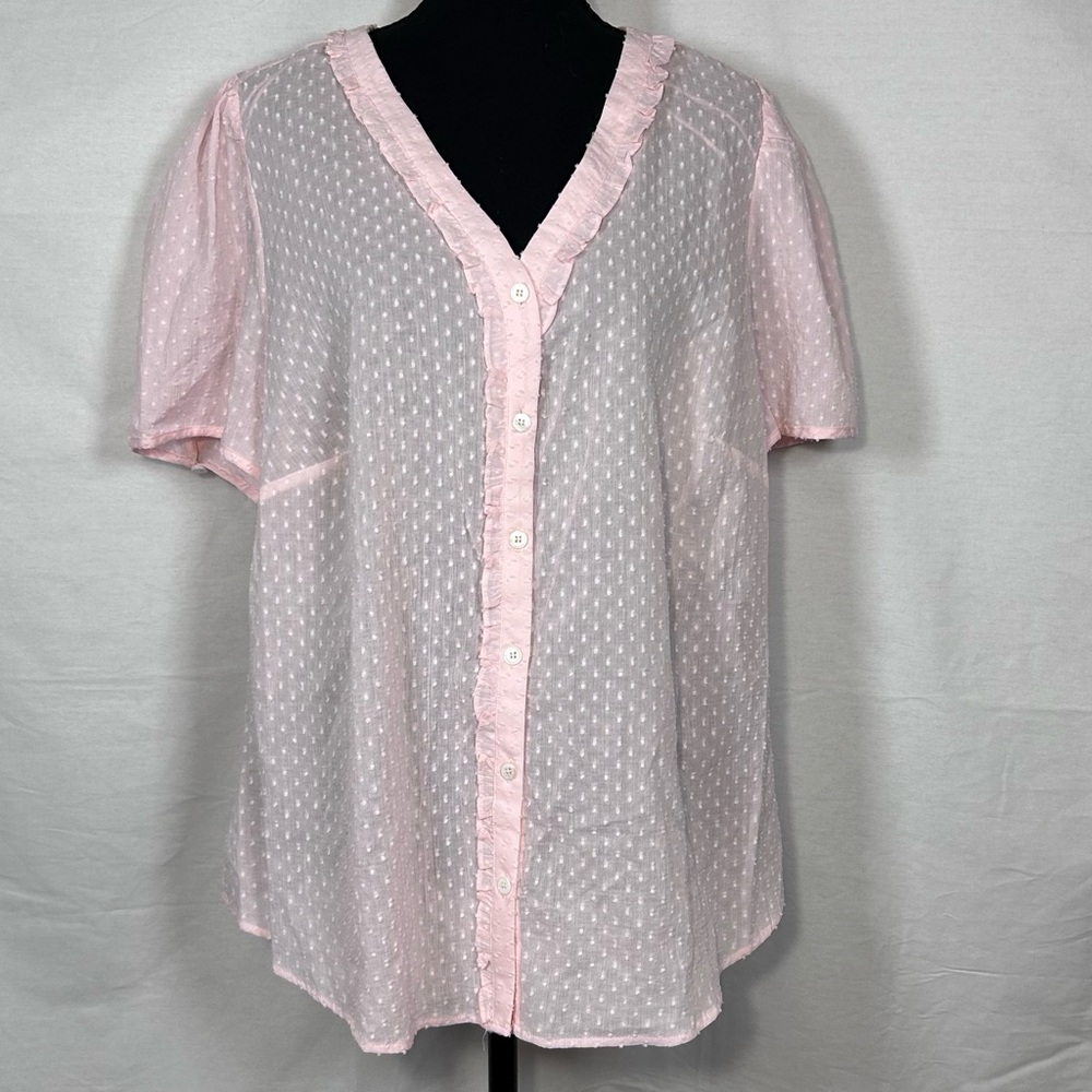 COURT & ROWE Pale Pink Swiss Dot Ruffle-Trim Button Front Blouse - Picture 2 of 7